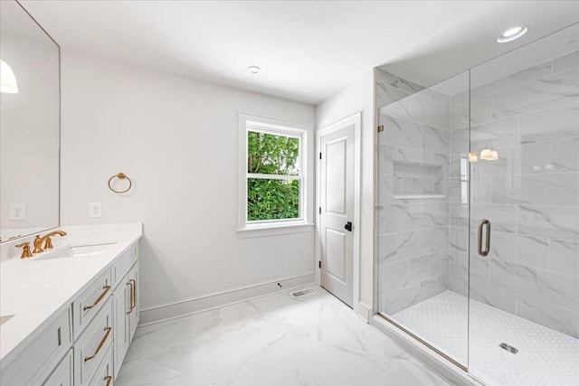 1516 Forest Ave, Nashville, TN 37206 - bathroom featuring double vanity, a marble finish shower, marble look tiles, and recessed lighting