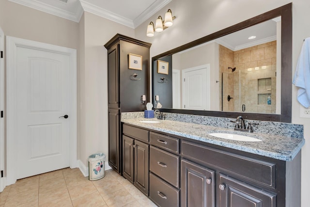 4313 Glasgow Rd, Spring Hill, TN 37174 - full bathroom with a shower stall, double vanity, ornamental molding, and tile patterned flooring