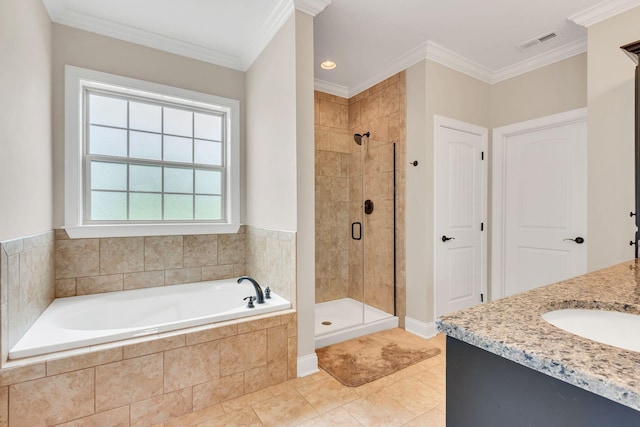 4313 Glasgow Rd, Spring Hill, TN 37174 - full bathroom featuring a bath, a stall shower, vanity, and crown molding