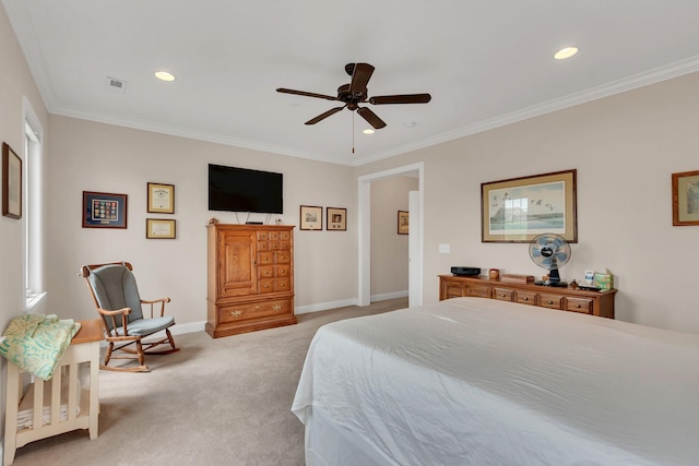4313 Glasgow Rd, Spring Hill, TN 37174 - bedroom with light colored carpet, recessed lighting, ornamental molding, and ceiling fan