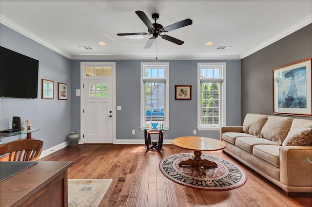 4313 Glasgow Rd, Spring Hill, TN 37174 - living area with wood finished floors, crown molding, a ceiling fan, and recessed lighting