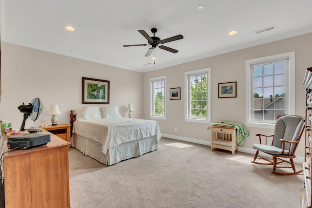 4313 Glasgow Rd, Spring Hill, TN 37174 - bedroom with light colored carpet, ornamental molding, recessed lighting, and a ceiling fan