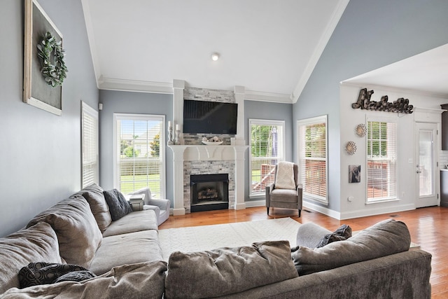2507 Patricia Cir, Murfreesboro, TN 37128 - living area featuring ornamental molding, a fireplace, wood finished floors, and high vaulted ceiling