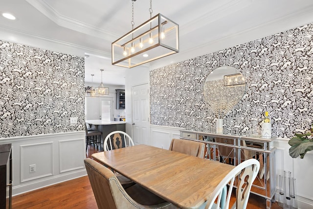 2507 Patricia Cir, Murfreesboro, TN 37128 - dining space featuring a decorative wall, wainscoting, dark wood-type flooring, ornamental molding, and recessed lighting
