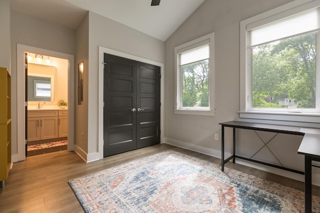 801 Cherokee Ave Apt 6, Nashville, TN 37207 - entrance foyer featuring light wood finished floors, vaulted ceiling, and ceiling fan