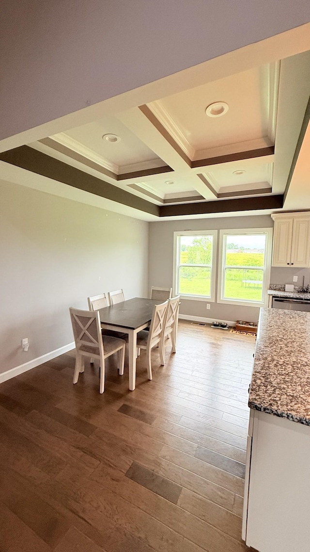 899 Sneed Blvd, Lafayette, TN 37083 - dining space with coffered ceiling, ornamental molding, beam ceiling, wood finished floors, and recessed lighting