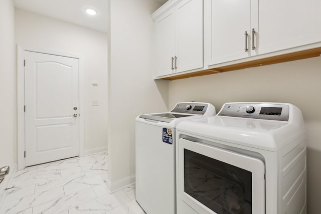 6807 Kew Gdn, Smyrna, TN 37167 - washroom featuring light marble finish floors, washer and dryer, cabinet space, and recessed lighting