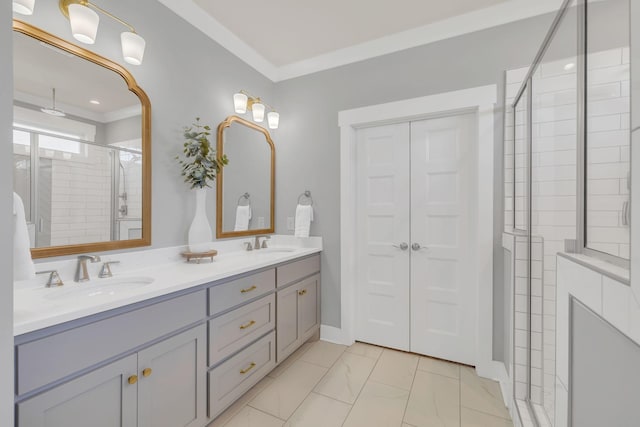 1924 Fairhaven Ln, Murfreesboro, TN 37128 - full bathroom featuring a stall shower, double vanity, marble look tiles, and crown molding