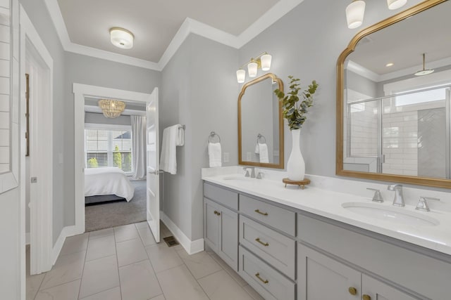 1924 Fairhaven Ln, Murfreesboro, TN 37128 - bathroom featuring double vanity, a shower stall, ornamental molding, and ensuite bath