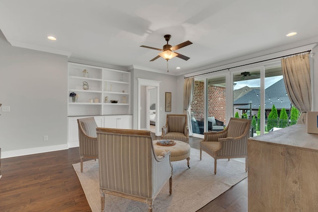 1924 Fairhaven Ln, Murfreesboro, TN 37128 - living area with a ceiling fan, ornamental molding, dark wood finished floors, and recessed lighting