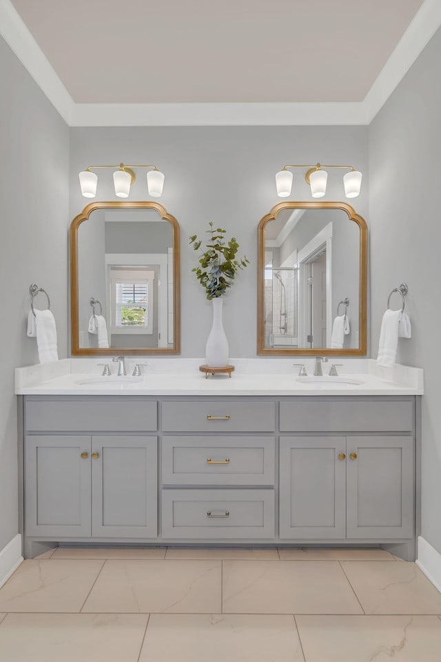 1924 Fairhaven Ln, Murfreesboro, TN 37128 - bathroom with double vanity, a shower, marble look tiles, and ornamental molding