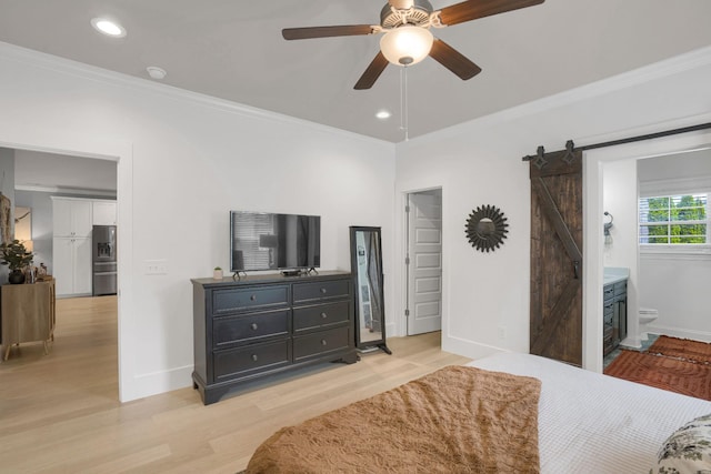 1248 Hensfield Dr, Murfreesboro, TN 37128 - bedroom with stainless steel fridge, light wood-style floors, crown molding, a barn door, and recessed lighting