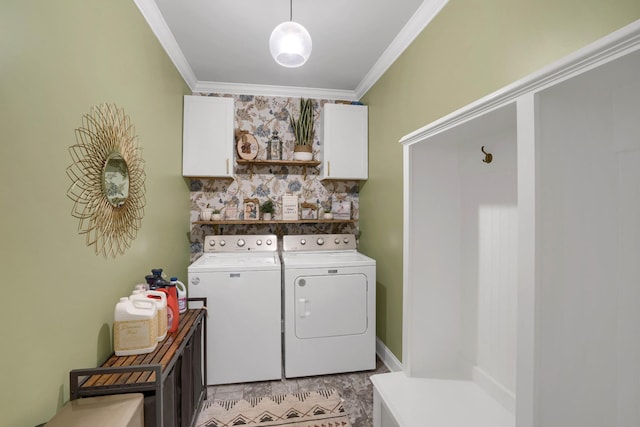 1248 Hensfield Dr, Murfreesboro, TN 37128 - laundry room with washing machine and dryer, cabinet space, and crown molding