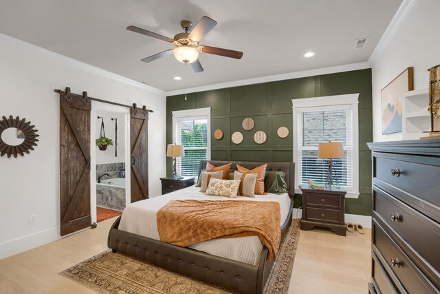 1248 Hensfield Dr, Murfreesboro, TN 37128 - bedroom featuring ornamental molding, light wood finished floors, a barn door, recessed lighting, and ceiling fan