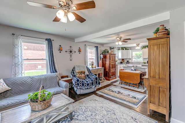 106 S Locust St S, Mount Pleasant, TN 38474 - living area with ceiling fan, light wood-type flooring, and beamed ceiling