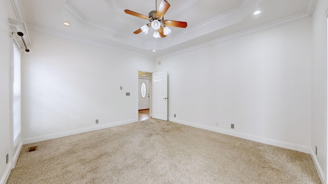 3325 Geneva Dr, Murfreesboro, TN 37128 - empty room with carpet, a ceiling fan, a tray ceiling, recessed lighting, and ornamental molding