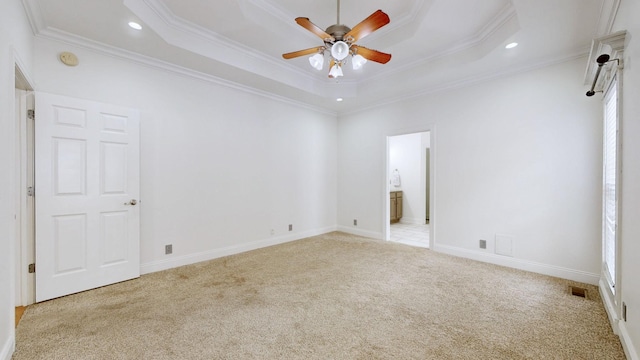 3325 Geneva Dr, Murfreesboro, TN 37128 - empty room featuring light carpet, a ceiling fan, recessed lighting, crown molding, and a raised ceiling