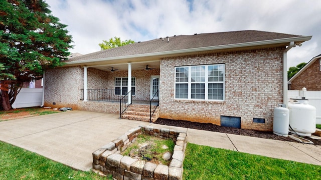 3325 Geneva Dr, Murfreesboro, TN 37128 - back of property with ceiling fan, crawl space, brick siding, a shingled roof, and a patio