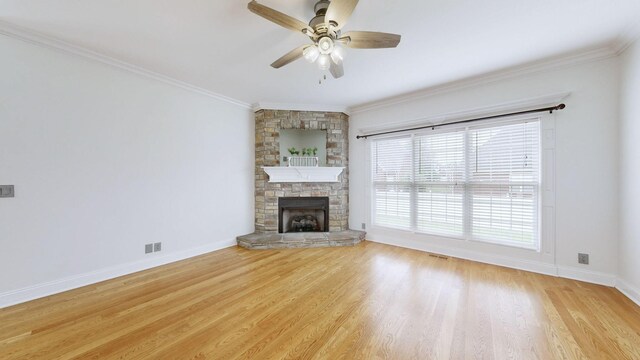 3325 Geneva Dr, Murfreesboro, TN 37128 - unfurnished living room with wood finished floors, ceiling fan, ornamental molding, and a fireplace