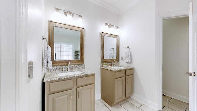 3325 Geneva Dr, Murfreesboro, TN 37128 - bathroom featuring two vanities, tile patterned floors, and crown molding