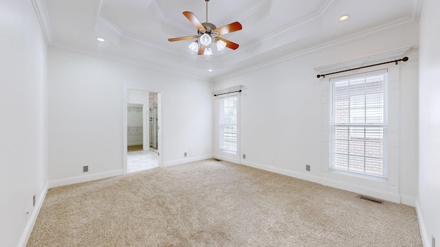 3325 Geneva Dr, Murfreesboro, TN 37128 - spare room with a tray ceiling, light carpet, ceiling fan, ornamental molding, and recessed lighting