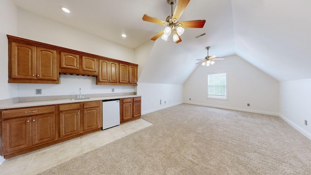 3325 Geneva Dr, Murfreesboro, TN 37128 - kitchen featuring white dishwasher, light carpet, light countertops, vaulted ceiling, and a ceiling fan