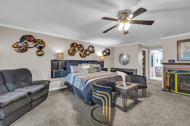 6434 Waconda Point Rd, Harrison, TN 37341 - bedroom featuring carpet floors, a premium fireplace, ornamental molding, and ceiling fan