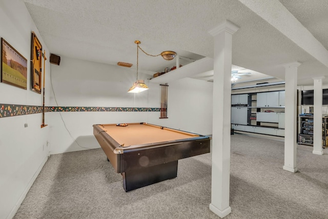 6434 Waconda Point Rd, Harrison, TN 37341 - game room featuring carpet, billiards table, a textured ceiling, ornate columns, and ceiling fan