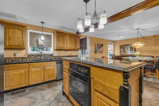 6434 Waconda Point Rd, Harrison, TN 37341 - kitchen featuring ornamental molding, pendant lighting, brown cabinets, oven, and dark stone countertops