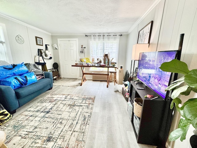 1812 13th St E, Chattanooga, TN 37404 - living room featuring light wood-type flooring, crown molding, and a textured ceiling