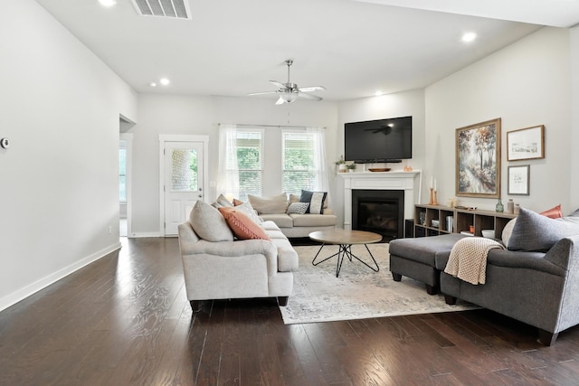 3154 Rift Ln, Murfreesboro, TN 37130 - living room featuring a ceiling fan, a glass covered fireplace, dark wood-style floors, and recessed lighting