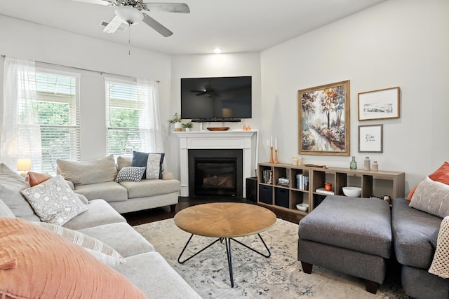 3154 Rift Ln, Murfreesboro, TN 37130 - living room featuring wood finished floors, ceiling fan, and a glass covered fireplace