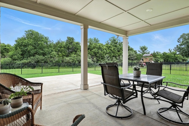 3154 Rift Ln, Murfreesboro, TN 37130 - fenced backyard featuring a playground, a patio, outdoor dining space, and view of scattered trees