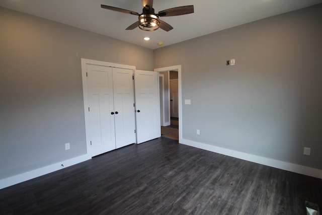 333 Brinkley Rd, Wartrace, TN 37183 - unfurnished bedroom with dark wood-type flooring, recessed lighting, a closet, and a ceiling fan