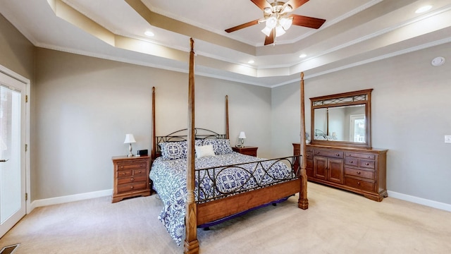 203 Ha Le Koa Ct, Smyrna, TN 37167 - bedroom with light colored carpet, crown molding, a tray ceiling, recessed lighting, and ceiling fan
