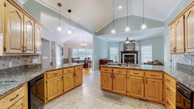 203 Ha Le Koa Ct, Smyrna, TN 37167 - kitchen with dishwasher, a peninsula, vaulted ceiling, crown molding, and tasteful backsplash
