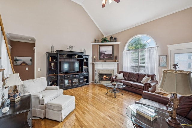 1011 Brixworth Dr, Thompsons Station, TN 37179 - living area featuring light wood-type flooring, healthy amount of natural light, ceiling fan, a premium fireplace, and crown molding