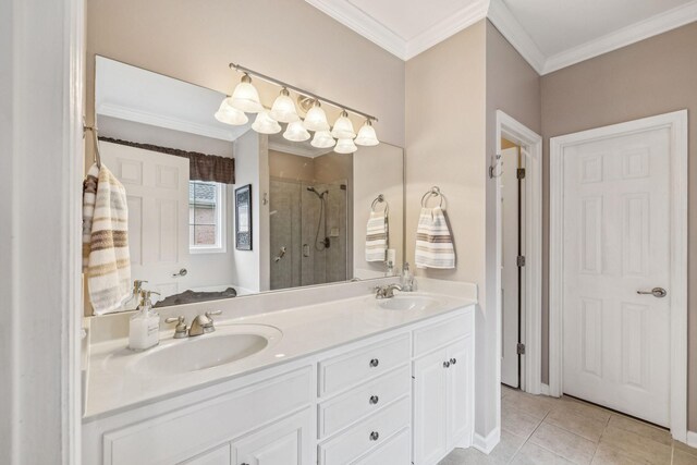 1011 Brixworth Dr, Thompsons Station, TN 37179 - bathroom with a shower stall, double vanity, ornamental molding, and tile patterned flooring