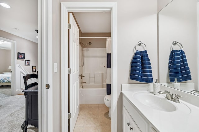 1011 Brixworth Dr, Thompsons Station, TN 37179 - ensuite bathroom with vanity, ornamental molding, shower / bath combo, and tile patterned flooring