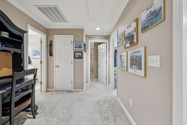 1011 Brixworth Dr, Thompsons Station, TN 37179 - hall with attic access, crown molding, and carpet flooring