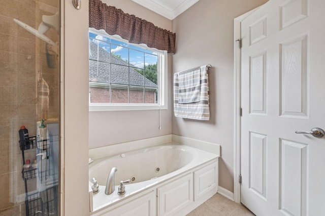 1011 Brixworth Dr, Thompsons Station, TN 37179 - full bath featuring crown molding, a tub with jets, tiled shower, and tile patterned flooring