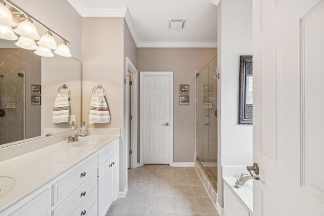 1011 Brixworth Dr, Thompsons Station, TN 37179 - bathroom featuring a shower stall, double vanity, a bath, ornamental molding, and tile patterned floors
