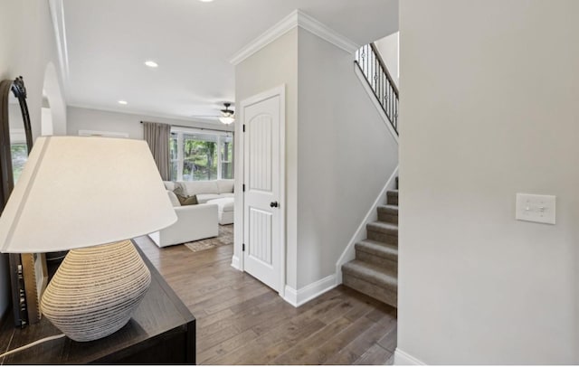 718 Excalibur Ct, Smyrna, TN 37167 - stairs with crown molding, wood finished floors, recessed lighting, and ceiling fan