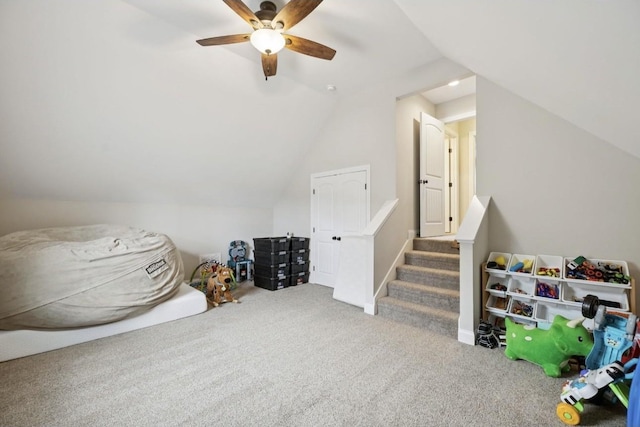 718 Excalibur Ct, Smyrna, TN 37167 - recreation room featuring carpet flooring, vaulted ceiling, and a ceiling fan