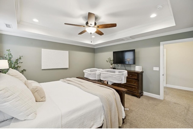 718 Excalibur Ct, Smyrna, TN 37167 - bedroom featuring a tray ceiling, light carpet, recessed lighting, ornamental molding, and ceiling fan