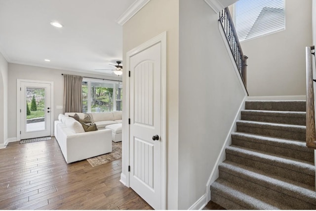 718 Excalibur Ct, Smyrna, TN 37167 - stairway with a ceiling fan, crown molding, hardwood / wood-style floors, and recessed lighting