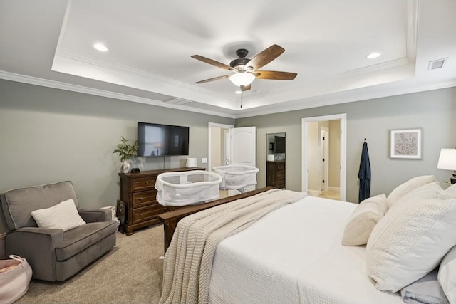 718 Excalibur Ct, Smyrna, TN 37167 - bedroom with a raised ceiling, ornamental molding, recessed lighting, ceiling fan, and light colored carpet