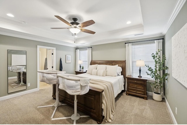 718 Excalibur Ct, Smyrna, TN 37167 - carpeted bedroom with a tray ceiling, crown molding, recessed lighting, ceiling fan, and ensuite bathroom