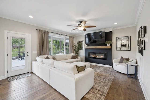 718 Excalibur Ct, Smyrna, TN 37167 - living room featuring plenty of natural light, a ceiling fan, ornamental molding, dark wood finished floors, and a glass covered fireplace