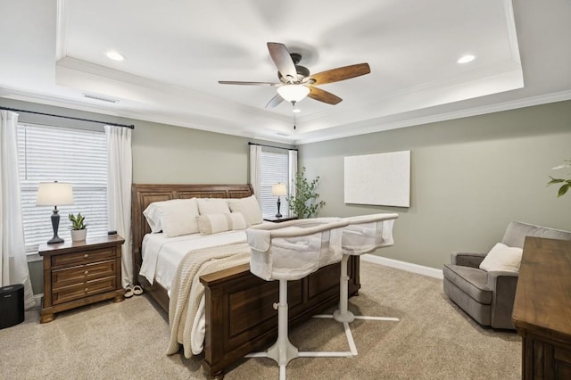 718 Excalibur Ct, Smyrna, TN 37167 - bedroom with a raised ceiling, light carpet, ornamental molding, recessed lighting, and a ceiling fan